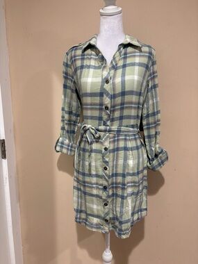 Derek Heart Sage Green Plaid Button-Front Mini Dress